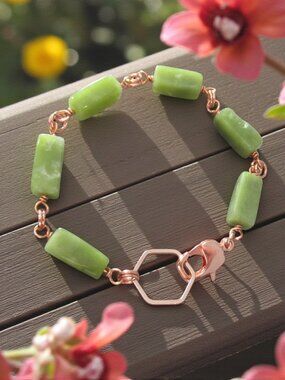 Green Serpentine Bracelet, Block Bead Chain, Rose Gold